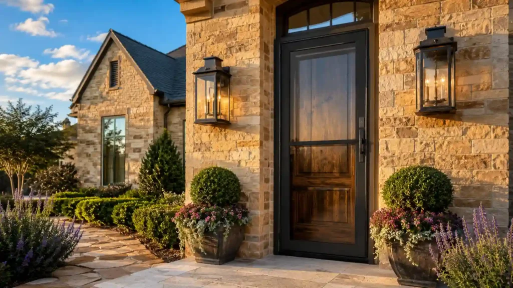 A heavy-duty black framed storm door installed over a wood front door of a stone house, acting as an extra barrier for security and weather protection.
