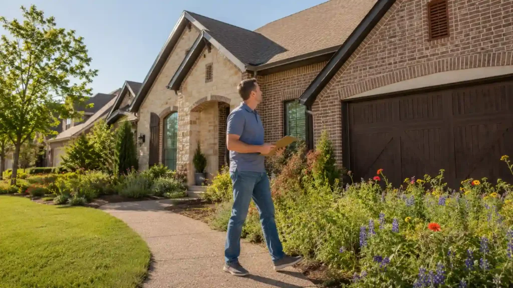 Spring home maintenance checklist homeowner inspecting exterior of Frisco Texas home in sunny weather
