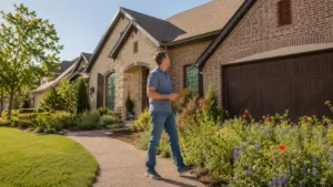 Spring home maintenance checklist homeowner inspecting exterior of Frisco Texas home in sunny weather