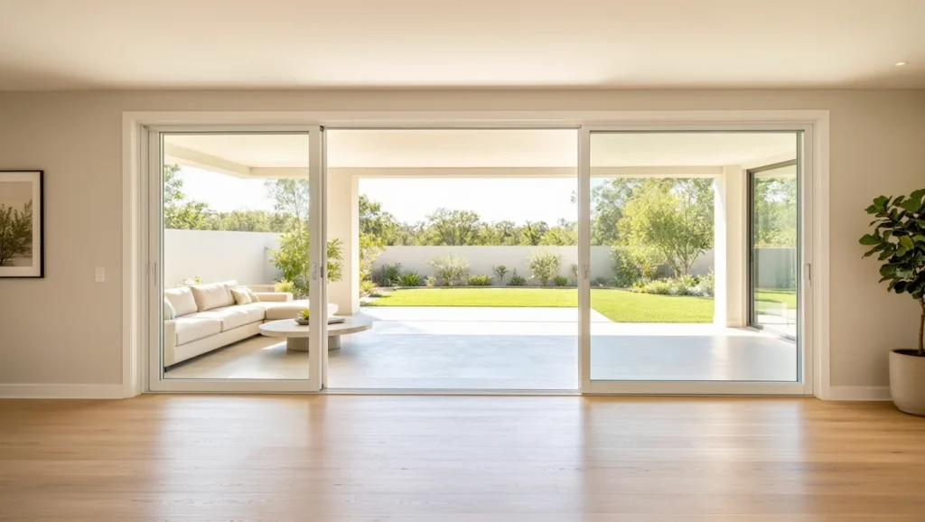 A wide-angle view of a standard sliding glass door size opening onto a patio, showing the scale of a common residential 3-panel sliding system.